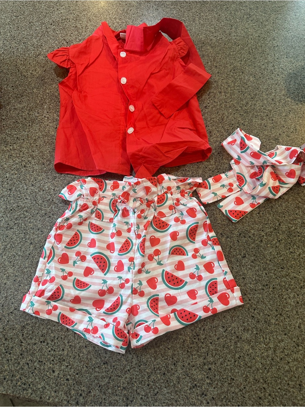 Red Button-Up Top with Watermelon & Cherry Print Shorts Set